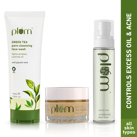 Buy Plum Green Tea Face Care Kit (Face Wash 100 ml + Face Mask 60gm + Hydrating Face Mist 100 ml)-Purplle