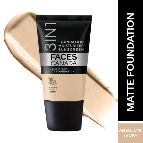 Buy FACES CANADA All Day Hydra Matte Foundation - Mini | 3-in-1 Foundation + Moisturizer + SPF 30 | 24 HR Aloe Hydration & Vitamin C | 10HR Long Wear | Medium to High Buildable Coverage | Absolute Ivory | 18 ml-Purplle