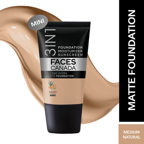Buy FACES CANADA All Day Hydra Matte Foundation - Mini | 3-in-1 Foundation + Moisturizer + SPF 30 | 24 HR Aloe Hydration & Vitamin C | 10HR Long Wear | Medium to High Buildable Coverage | Medium Natural | 18 ml-Purplle