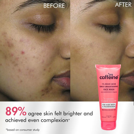 mCaffeine CLEAR GLOW 1% Kojic Acid Daily Brightening Face Wash with  Glutathione For Dark Spots & Pigmentation | Brightens Skin, Evens Skin Tone  | For Men & Women | Non-Drying, Fragrance Free - 100ml
