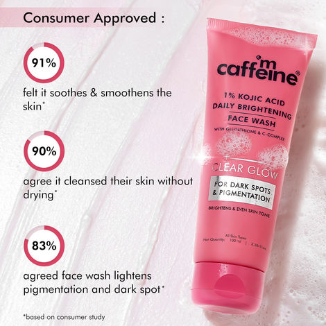 mCaffeine CLEAR GLOW 1% Kojic Acid Daily Brightening Face Wash with Glutathione For Dark Spots & Pigmentation | Brightens Skin, Evens Skin Tone | For Men & Women | Non-Drying, Fragrance Free - 100ml mCaffeine CLEAR GLOW 1% Kojic Acid Daily Brightening Face Wash with Glutathione For Dark Spots & Pigmentation | Brightens Skin, Evens Skin Tone | For Men & Women | Non-Drying, Fragrance Free - 100ml