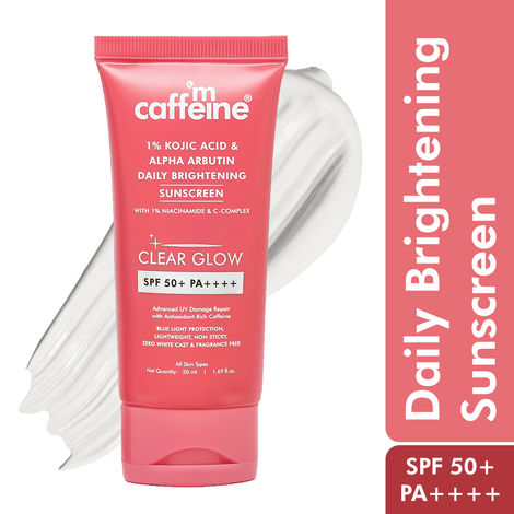 Buy mCaffeine CLEAR GLOW 1% Kojic Acid & Alpha Arbutin Brightening Sunscreen SPF 50 PA++++ |Niacinamide-Dark Spots & Pigmentation| UVA-B Sun Protection|No White Cast, Non Greasy For Men & Women - 50 ml-Purplle