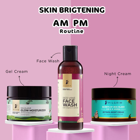 Buy Pilgrim Skin Brigtening AM PM Routine: Red Vine Face Wash (100 ml) + Squalane Glow Moisturizer (50 gm) + Retinol Night Cream (50 gm)-Purplle