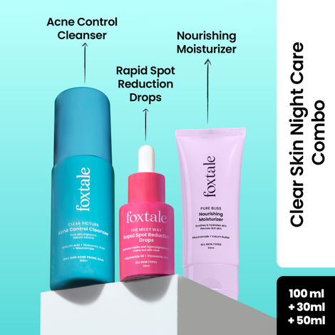 Buy Foxtale Clear Skin Night Care Combo : Acne Control Cleanser (100 ml) + Spot Reduction Drops (30 ml) + Nourishing Face Moisturizer (50 ml)-Purplle
