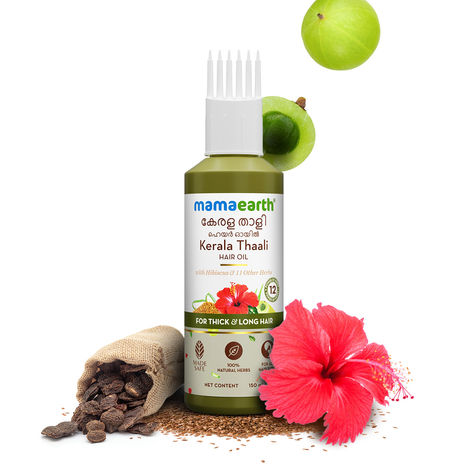 Buy Mamaearth Kerala Thaali Hair Oil with Hibiscus, Bhringraj, Methi Dana & Amla for Thick & Long Hair - 150 ml | Stimulates Hair Growth | Nourishing Thali | 100% Natural Herbs | 12 Potent Herbs-Purplle