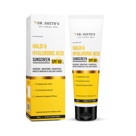Buy Dr. Sheth's Haldi & Hyaluronic Acid Sunscreen with 1% Hyaluronic Acid & 1% Turmeric Extract | Spf 50+ | PA++++ | Hydrating & Brightening | Protects against UVA/UVB & Blue light | For Women & Men -125 gm-Purplle