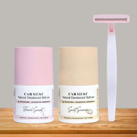 Buy Carmesi Bikini Razor & Natural Deodorant Roll-Ons | Irritation-Free Shaving of Bikini Line | Fresh Underams All Day | 1 Bikini Razor & 2 Natural Deodorant Roll-Ons (Floral Sunset & Sweet Summer) - Combo of 3-Purplle