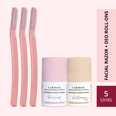 Buy Carmesi Facial Razor for Women & Natural Deodorant Roll-Ons | Fresh underarms all day | Remove peach fuzz instantly | Soft & glowing skin | 3 Razors & 2 Roll-Ons (Floral Sunset & Sweet Summer) - Combo of 5-Purplle
