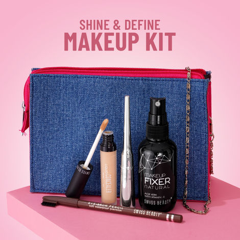 Buy Swiss Beauty Shine and Define Makeup Kit | Eyebrow Pencil (Dark Brown), Eyeliner (Black), Concealer (Sand Sable), Makeup Fixer 70 ml, Denim Pouch-Purplle