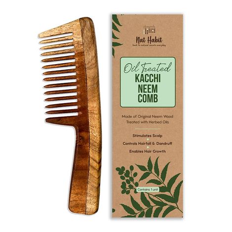 Buy Nat Habit Kacchi Neem Comb, Wooden Comb | Hair Growth, Hairfall, Dandruff Control | Hair Straightening, Frizz Control | Comb for Men, Women | Treated with Neem Oil, Bhringraj & 17 Herbs (Wide Tooth) () - L-Purplle