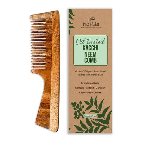 Buy Nat Habit Kacchi Neem Comb, Wooden Comb | Hair Growth, Hairfall, Dandruff Control | Hair Straightening, Frizz Control | Comb for Men, Women | Treated with Neem Oil, Bhringraj & 17 Herbs (Fine Tooth) () - L-Purplle