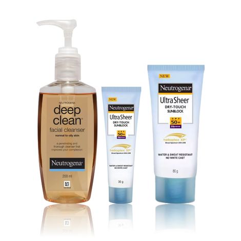 Buy Neutrogena Sun Protection Trio (Cleanser 200 ml + Sunscreen Ultra Light 30 ml + Sunscreen SPF 50 80 ml)-Purplle