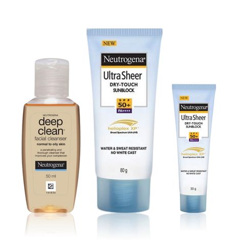Buy Neutrogena Sun Defense Kit (Cleanser 50 ml + Sunscreen Ultra Light 30 ml + Sunscreen SPF 50 80 ml)-Purplle