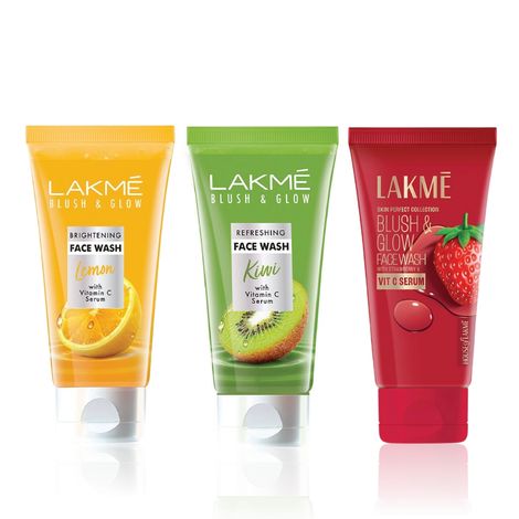 Buy Lakme&nbsp;Blush & Glow Lemon Face Wash With Vitamin C&nbsp;(100 gm) + Kiwi Facewash, with Vitamin C Serum 100 g + Strawberry&nbsp; Face Wash (100 gm)-Purplle
