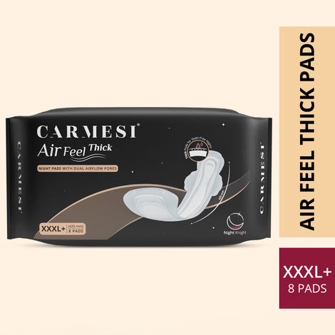 Buy Carmesi Air Feel Thick Night Sanitary Pads | 8 XXXL+ Extra-Long Pads With Wide Back | Super-Soft & Cushiony | All-Night Stain Protection | No Leaks | Airy & Sweat-Free | Non-Toxic (8 Pads)-Purplle