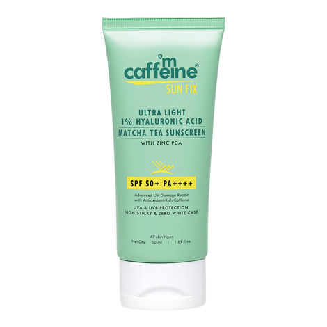 Buy mCaffeine Sun Fix Ultra Light 1% Hyaluronic Acid Matcha Tea Sunscreen SPF 50+ & PA++++ UV & Blue Light Protection, No White Cast, Soothes Acne - 50ml-Purplle