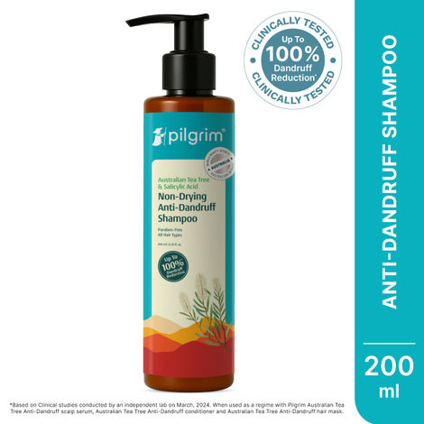 Buy Pilgrim Australian Tea Tree, Non-Drying Anti-Dandruff Shampoo, 200 ml With Salicylic Acid, Helps Reduce visible Flakes & Dandruff Recurrence-Purplle