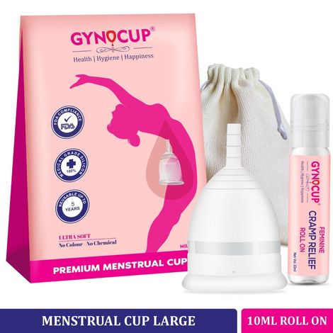 Buy GynoCup Premium Menstrual Cup for Women |Large Size With Pouch |Transparent Color | With Periods Cramp Relief Roll-on |(Combo)-Purplle