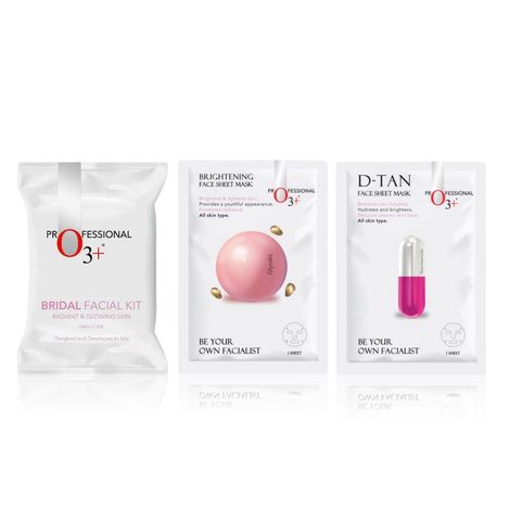 Buy O3+ Radiant Bridal Skin Essentials [Facial Kit (69 ml + 60 gm) + Glycolic Sheet Mask 30 gm + Niacinamide Sheet Mask 30 gm]-Purplle