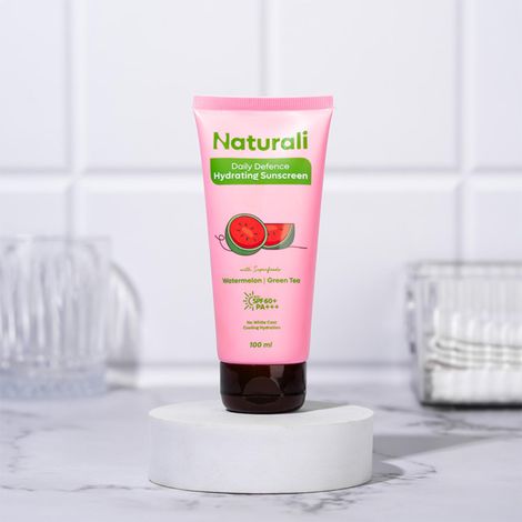 Buy Naturali Daily Defence Sunscreen | SPF 60+ PA+++ UVA/UVB Protection | No White Cast | Cooling & Hydrating | Blends Easily | Non-sticky | Non-greasy | Watermelon & Green Tea Sunscreen | 100 ml-Purplle