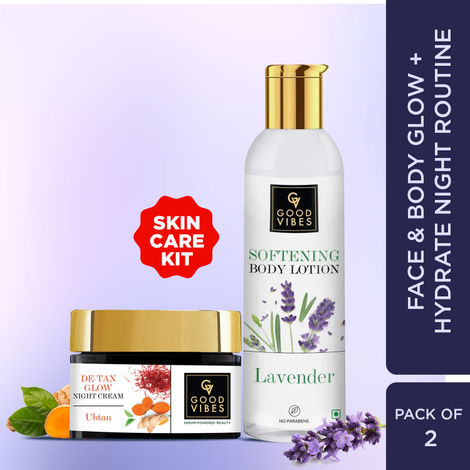 Buy Good Vibes Face & Body Glow + Hyderate Night Routine | Ubtan De-Tan Night Cream 50g | Lavender Softening Body Lotion 200ml - Combo of 2-Purplle