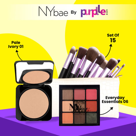 Buy NY Bae x Purplle Face & Eye Palette & Brush set | NY Bae Runway Radiance Compact Powder - Pale Ivory 01 (9 g) | NY Bae Eye Love Eyeshadow Palette - Everyday Essentials 06 (9 g) - 9 In 1 Palette | Purplle Wonder Woman Brush Kit (15set)-Purplle