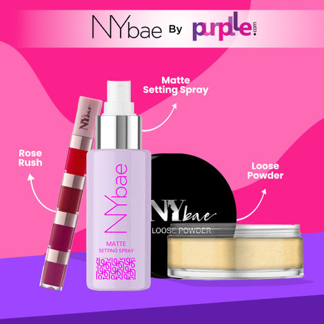 Buy NY Bae Face & Lip Makeup Combo | Banana Loose Powder (5.8 g) | Matte Setting Spray 60ml | 4 In 1 Lip Play Liquid Lipstick Rose Rush (4ml)-Purplle