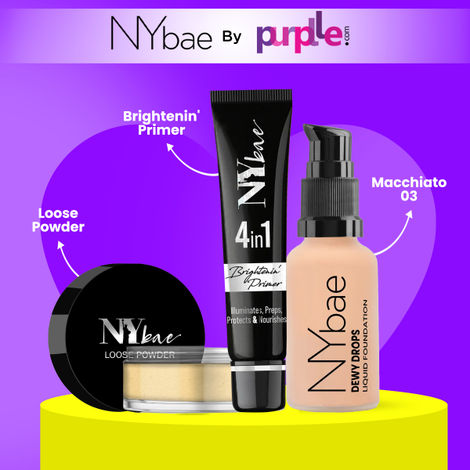 Buy NY Bae Face Makeup Prep Combo | Brightenin' Primer Gold Shimmer (15 gm) | Dewy Drops Foundation - Macchiato 03 (30 ml)| Banana Loose Powder (5.8 gm) Combo of 3-Purplle