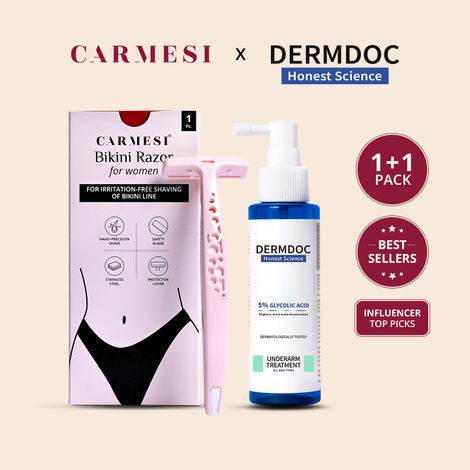 Buy Carmesi x DERMDOC Combo Kit for No-Fuss Grooming (Carmesi Bikini Razor for Women + DERMDOC by Purplle 5% Glycolic Acid Under Arm Treatment (100 ml) )-Purplle