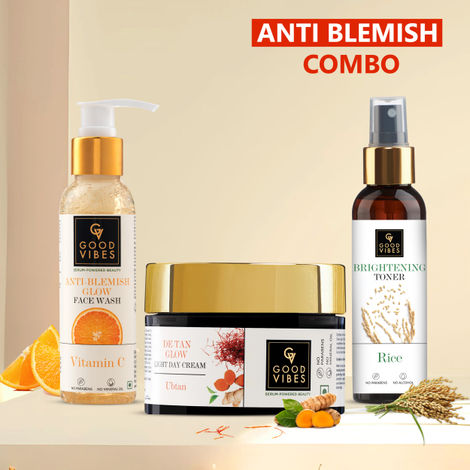 Buy Good Vibes Blemish Free Skin Combo| Vitamin C Glow Face Wash (120 ml) + Rice Brightening Toner (120 ml) + Ubtan De-tan Glow Light Day Cream (50 g) | Depigmentation, Glow, Even Skin - Combo of 3-Purplle