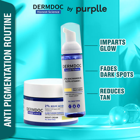 Buy DERMDOC by Purplle 1% Niacinamide & 0.5% Vitamin C Foaming Face Wash for Glowing Skin (80 ml) | 2% Kojic Acid Night Cream with Niacinamide & Alpha Arbutin for Skin Brightening (50 gm) Combo of 2-Purplle