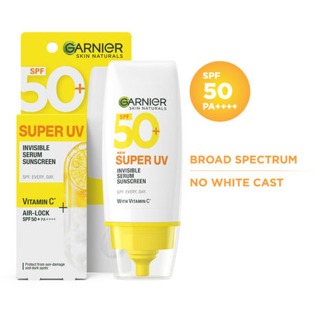 Buy Garnier Super UV Invisible Serum Sunscreen SPF 50 PA++++ UVA/B for Broad Spectrum | Lightweight with Vitamin C | No White Cast | For All Skin Types (Oily, Dry, Acne-prone) | For Men & Women 30 ml-Purplle