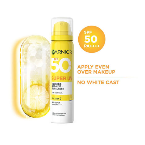 Buy Garnier SuperUV Invisible Air Mist Sunscreen SPF 50 PA++++ UVA/B for Broad Spectrum | Application over Makeup Sunscreen Spray | No White Cast | For All Skin Types | Lightweight | For Men & Women 75 ml-Purplle