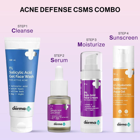 Buy The Derma Co. Acne Defense CSMS Combo : Salicylic Acid Daily Face Wash (100 ml) + 2% Salicylic Acid Face Serum (8 ml) + Kojic Acid Face Cream (30g) + Hyaluronic Sunscreen Aqua Gel (50g) - Combo of 4-Purplle