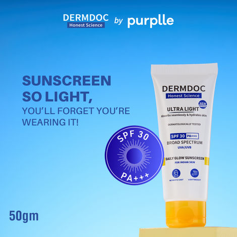 Buy DERMDOC SPF 30 Ultra Light Daily Glow Sunscreen (50 gm) | PA+++ | Sunblock | Lightweight | Non-Greasy | 0 White Cast | Non-Comedogenic-Purplle