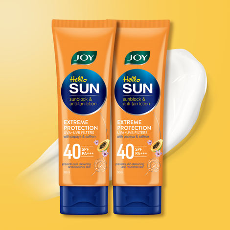Buy Joy Hello Sun Sunblock & anti-tan lotion, SPF 40, Extreme Protection with UVA+UVB Filters | Lightweight, Water Resistant & Leaves Zero White Cast | Suitable for Normal & Oily Skin, 2 x 60ml-Purplle