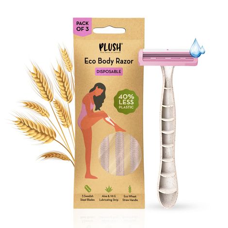Buy Plush Disposable Eco-Razor for Women (Pack of 3) with Aloe & Vit E Lubricating Strip | Painless Hair Removal Razor with 3 Swedish Steel Blades & Wheat Straw Handle-Purplle