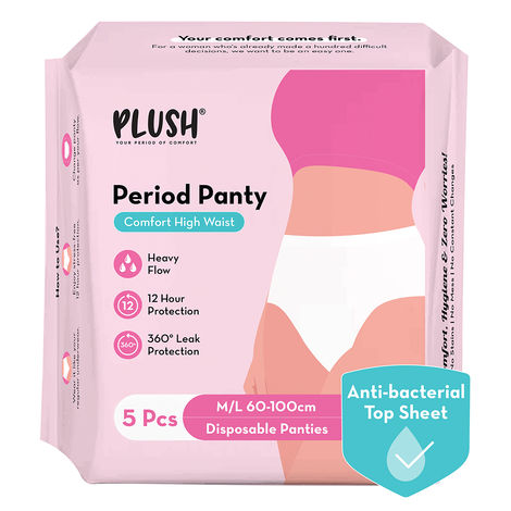 Buy Plush Anti-Bacterial High Waist Sanitary Period Panties for Women | Size M/L (60-100cm) | 12 Hour Leak Protection | 5 Pcs-Purplle
