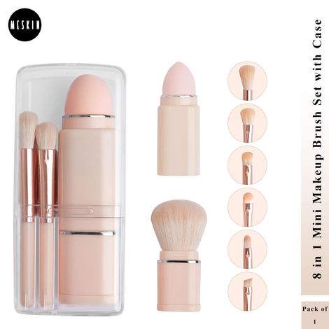 Buy MeSkin Travel Makeup Brushes Set: 8-in-1 Mini Foundation Brush, Portable Face Powder Brush, Blush Concealers, Eye Makeup Brushes, Puff Sponge with Organizers and Storage Boxes (Pink)-Purplle