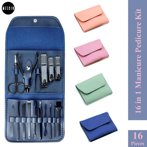 Buy MeSkin 16-in-1 Manicure Pedicure Kit - Nail Cutter, Scissors, Tweezers, Eyebrow Tools & More - Professional Grooming Set with Leather Travel Case - Ideal for Women and Men - Foot, Hand & Face Care-Assorted Colors-Purplle