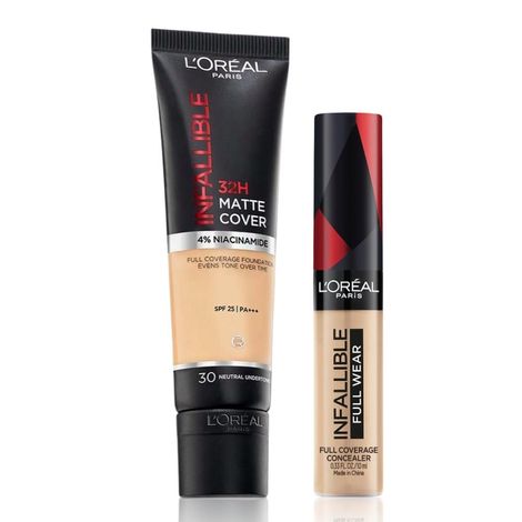 Buy L'Oreal Paris Flawless Fusion (Infaliable Full Wear Concealer Shade 314 (10 gm) + Infallible 32H Matte Cover Liquid Foundation, 128 Neutral Undertone, 30 ml)-Purplle