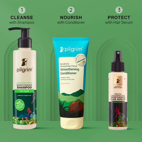 Buy Pilgrim Patua Hair Essential Trio | Smoothening Shampoo | Conditioner | Serum for Frizz-Free Nourished Hair | Sulfate-Free | 200 ml + 200 ml + 100 ml, Combo of 3, Skincare Kit-Purplle