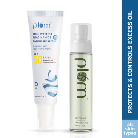 Buy Plum Daily Summer Essentials Kit - 2% Niacinamide Sunscreen SPF 50 PA+++ With Rice Water + Green Tea Face Mist - Combo of 2-Purplle