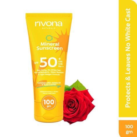 Buy Rivona Naturals Mineral Sunscreen Spf 50 PA +++ for Glowing Skin| UVA & UVB filters| No White Cast| Non-Oily and Non-Sticky & Water resistant| For Men & Women & Kids| 100 gm-Purplle