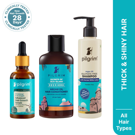 Buy Pilgrim Hair Care Combo of 3|(Sulfate Free Shampoo (200 ml) + Argan Oil Hair Conditioner (200ml) + Advanced Hair Growth Serum(50 ml)) Frizz-Free, Smooth Hair & Hair Fall Control | For Men & Women| Haircare Kit-Purplle
