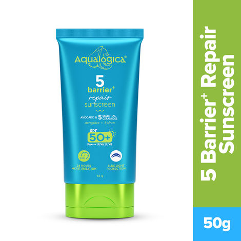 Buy Aqualogica 5 Barrier+ Repair Sunscreen with Avocado & 5 Essential Ceramides-50 gm SPF 50 PA++++ |UVA/B & Blue Light Broad Spectrum Protection |Strengthens Skin Barrier |24 Hr Moisturization |Fragrance Free| Lightweight, Non-Sticky & No White Cast-Purplle
