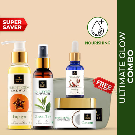 Buy Good Vibes Ultimate Glow Combo Kit (Papaya Face Wash (120 ml), Rosehip Serum (10 ml), Green Tea Toner (120 ml), Coconut Cream (50 gm) with free pouch-Purplle