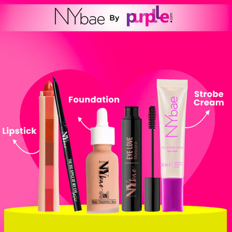 Buy NY Bae Bestsellers Kit | Medium Skin | Strobe Cream -Pink Topaz (12 gm)| Glowy Serum Foundation (30 ml)| Lip Crayon - Nude pink and brown shades(6.5 gm) | Black Kajal(0.30 gm) | Volume Mascara (8 ml)| Highligher | Everyday Glowy Makeup-Purplle