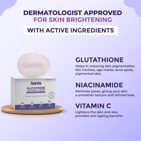 Sanfe Glutathione+Niacinamide+Vitamin C Brightening Soap | Hydrating,  Minimizes pigmentation, Removes Dead Skin | Skin whitening soap for women  and men | Tan Removal Hyperpigmentation & Glow 75gm
