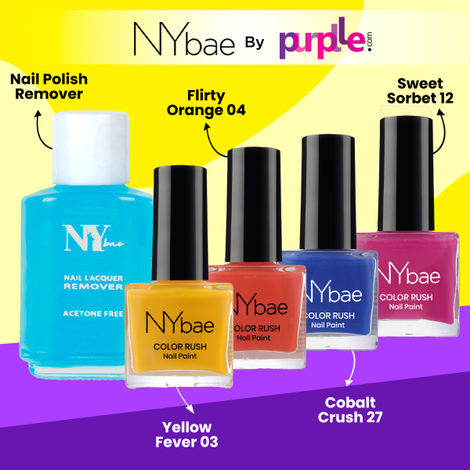 Buy NY Bae Color Rush Nail Paint Set - Colour Burst 01 | Chip Resistant | Long Lasting | Quick Dry | Glossy Gel Nail Paint Combo (5 ml*4) + Nail Polish Remover (30 ml)-Purplle